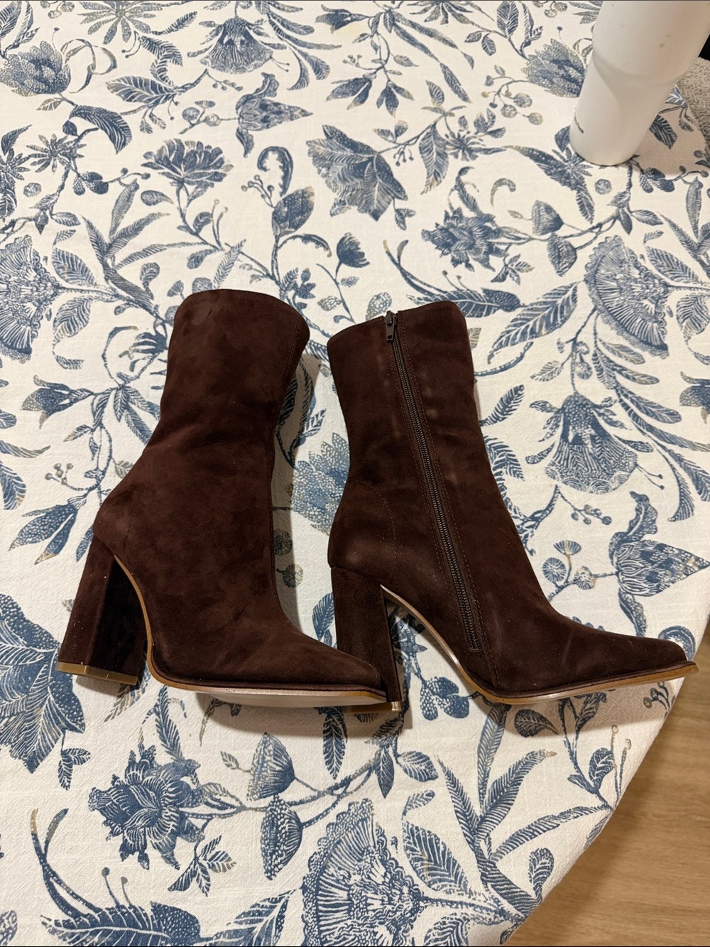 Steve Madden Dark Brown Suede Pointed-Toe Block Heel Ankle Boots - Picture 1 of 3